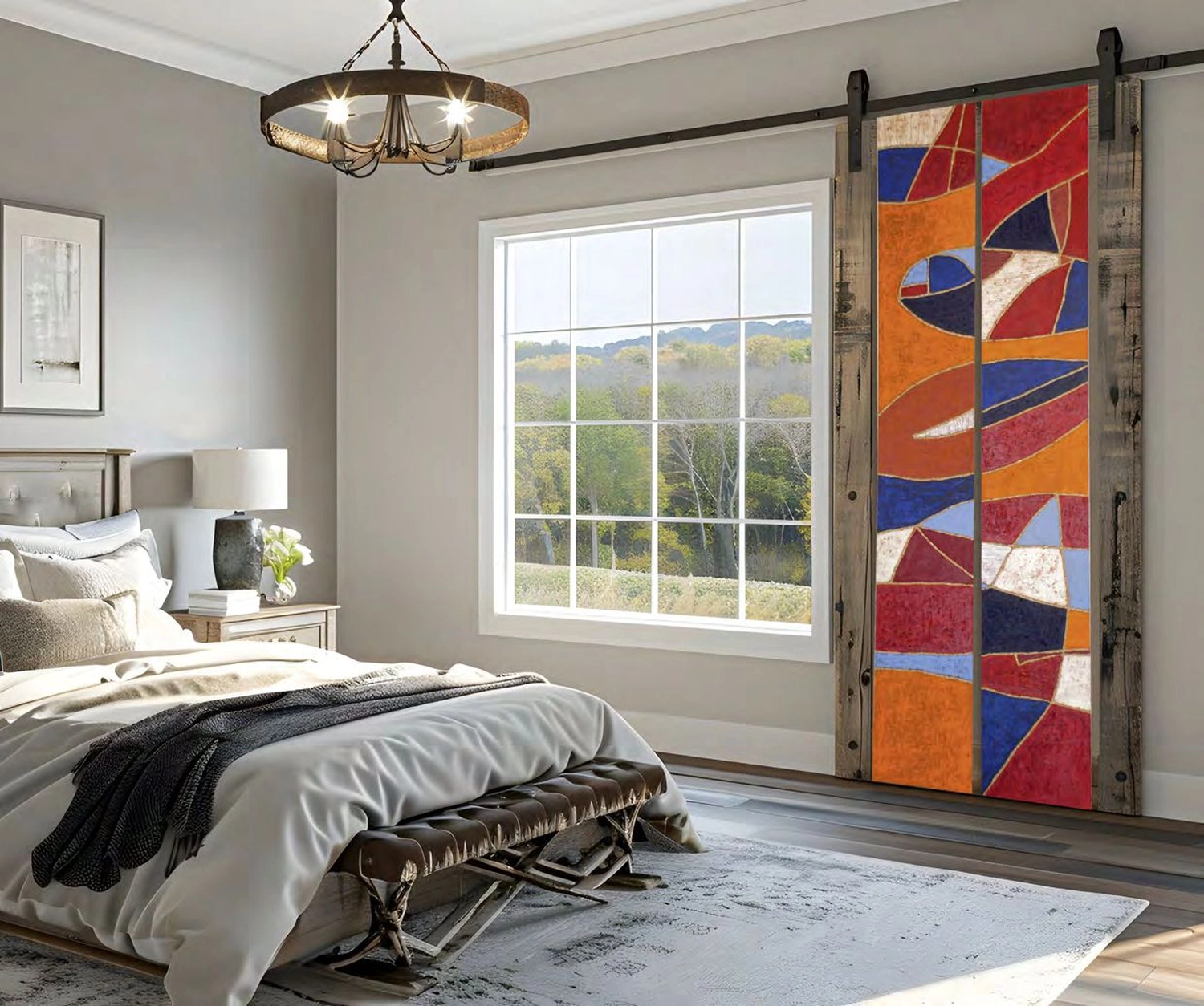 Atelier W - Kunst & Grafikdesign - Ein Schlafzimmer mit Doppelbett. Rechts dient eine große Schiebetür im Scheunenstil mit einem auffälligen roten abstrakten Gemälde als Raumteiler.